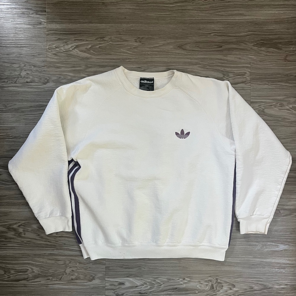 Vintage 90s Adidas Originals Trefoil Crewneck Sweatshirt White Purple Mens Large